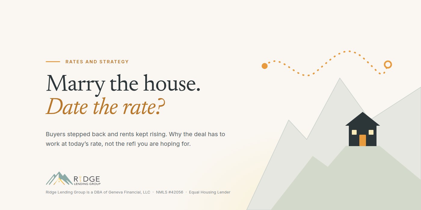 Marry the house, date the rate: a house anchored on a ridgeline beneath a wandering dashed rate line