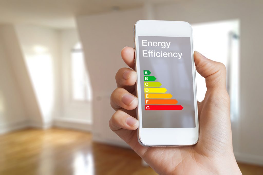 Energy efficiency rating on smartphone app by woman real estate agent and home interior in background